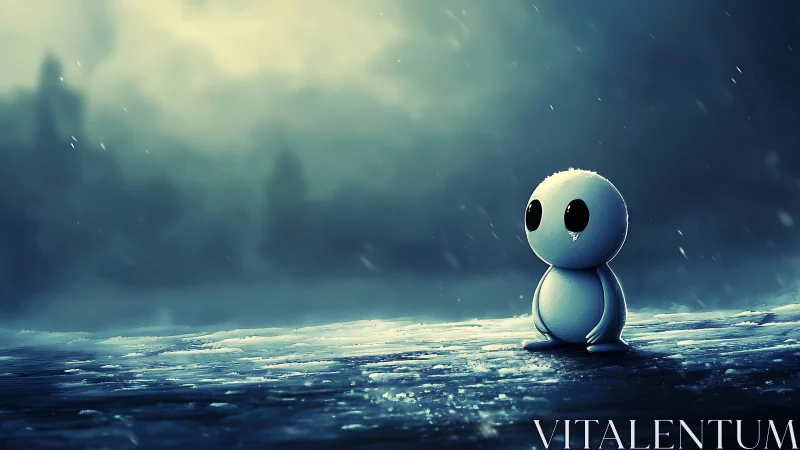 Melancholic chibi figure on icy shoreline in blue rain.