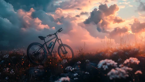 Electric bike at sunset in wildflower meadow.