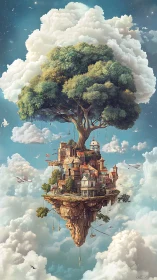 Floating treetop village drifting softly through the clouds.