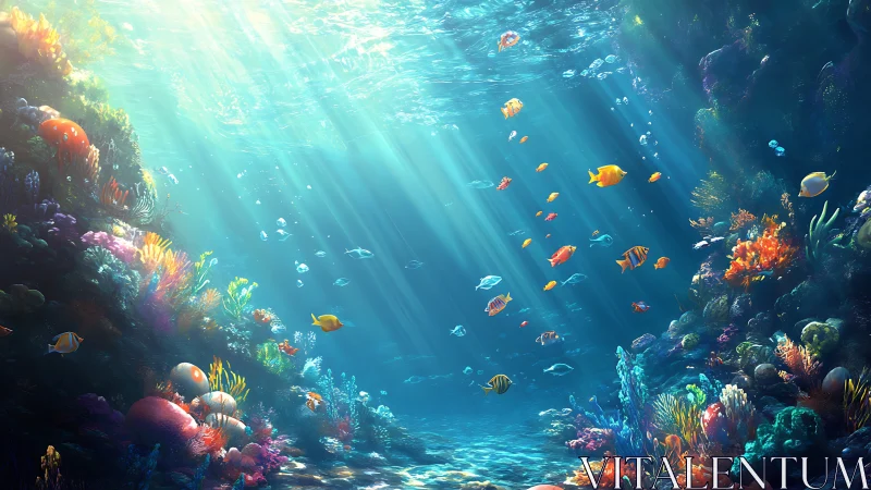 Sunlit coral reef teems with colorful tropical fish in motion.