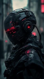 Midnight cybernetic sentry glows softly in neon rain