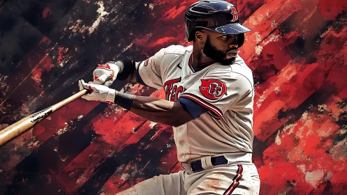 Baseball batter mid swing against bold red abstract art.