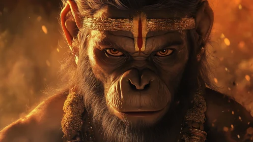 Warrior monkey deity portrait under ember-lit glow.