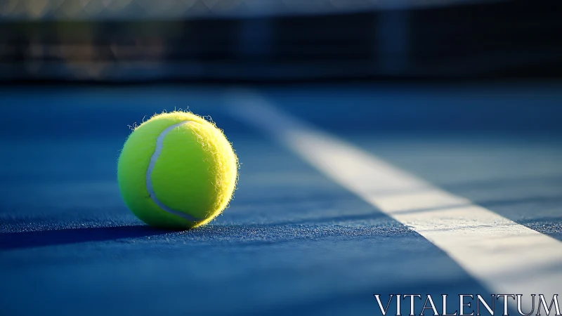 Neon tennis ball waits on a blue court at golden sundown.