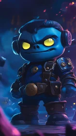 Blue chibi character stands in armored suit with glowing eyes
