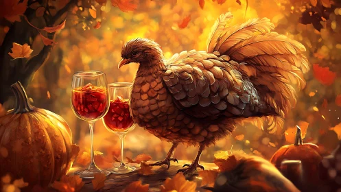 Autumnal turkey tableau rendered in warm cinematic digital painting
