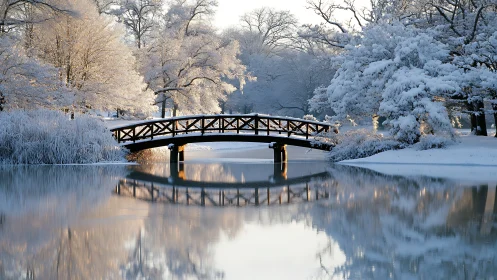 Snow covered wooden bridge over calm winter river scene.