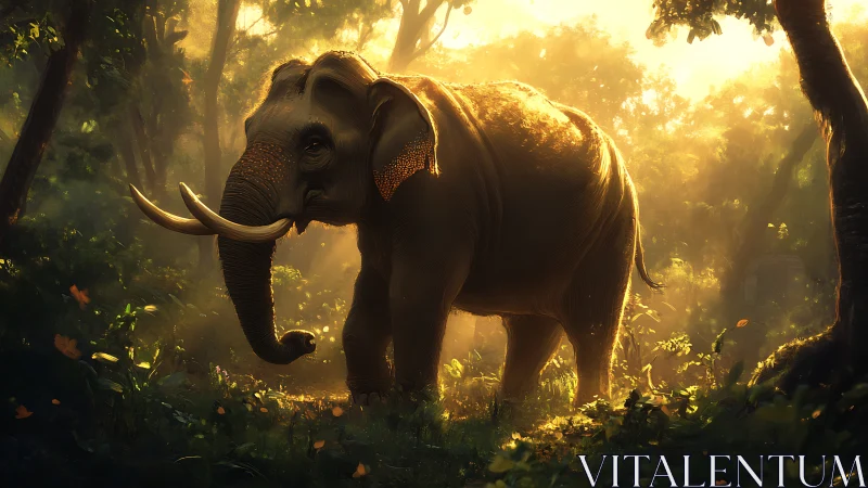 Gentle forest elephant wanders softly through golden morning light