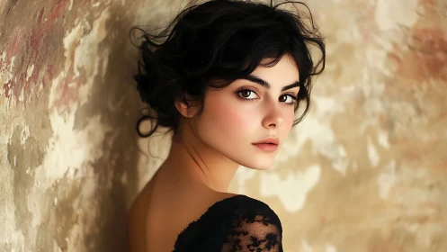 Portrait of young woman in lace before textured wall.