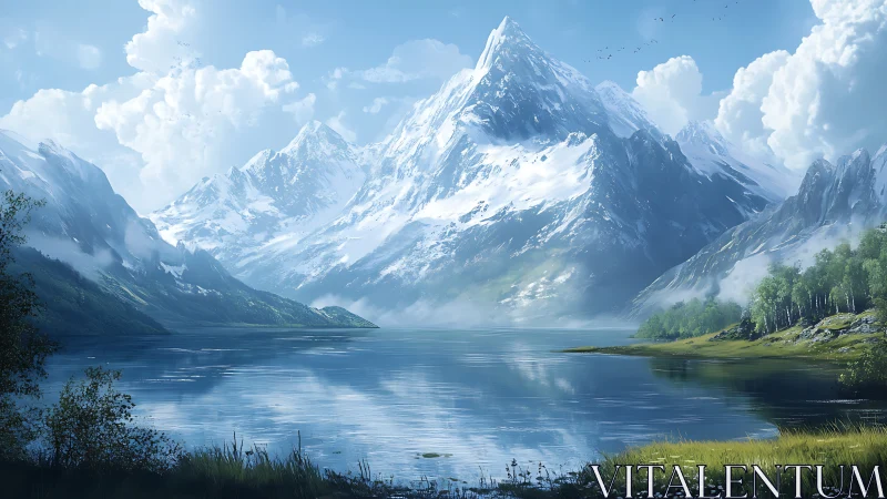 Snowcapped alpine peak dominates tranquil reflective mountain lake