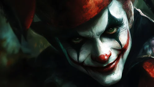 Mischievous jester leans in with a dark, knowing smile