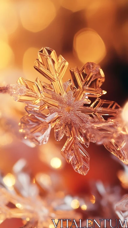 Crystal snowflake ornament under warm golden bokeh glow.