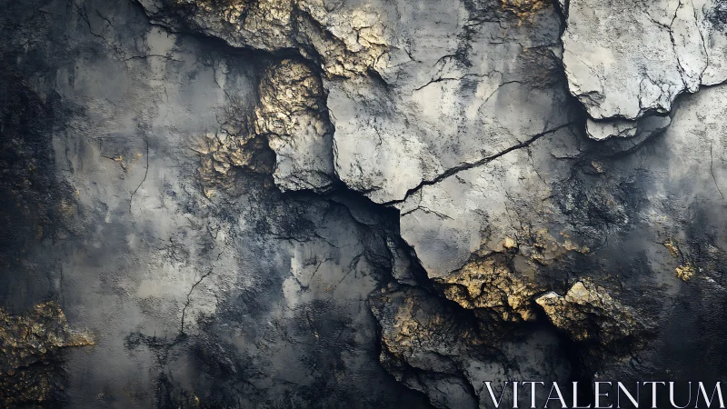 Photorealistic fractured stone wall with metallic patina textures.