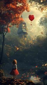Heart balloon over autumn tower and reflective forest pool.