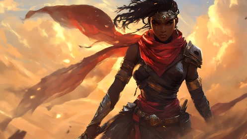 Warrior woman stands in windswept desert with red scarf