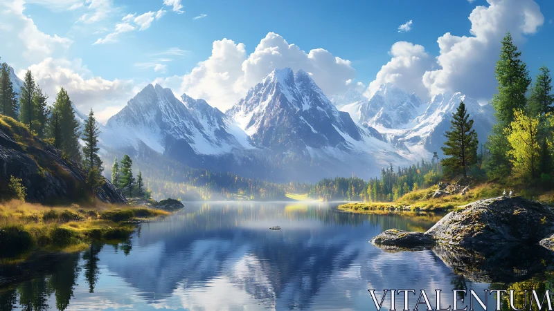 High-dynamic alpine lake panorama with snowcapped peaks