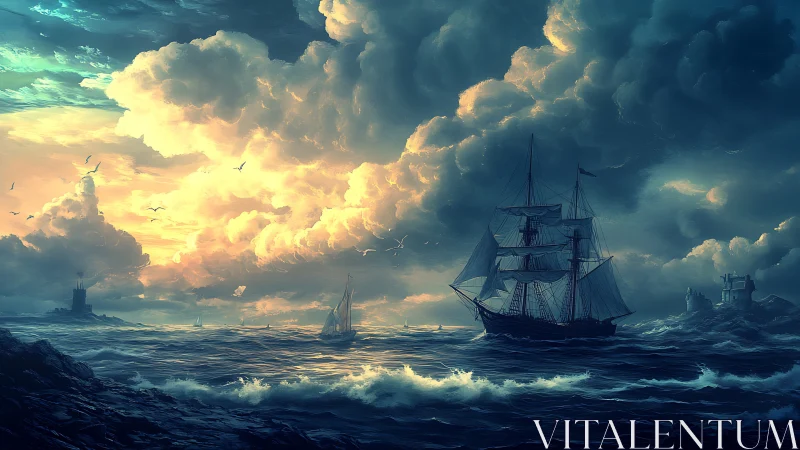 Tall ship crosses stormy seascape under volumetric sunset clouds