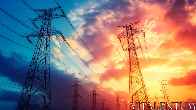 High voltage transmission towers against gradient sunset sky.