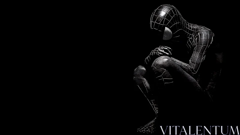 Brooding black-suited hero resting in the quiet dark.