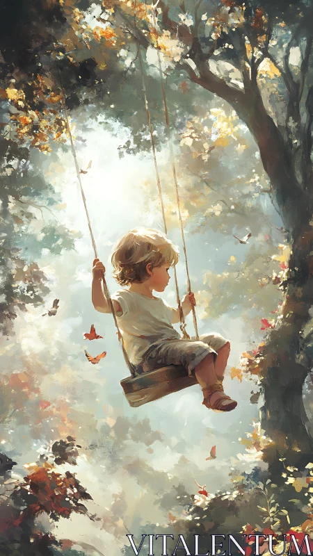 Child on wooden swing in dappled forest light with butterflies