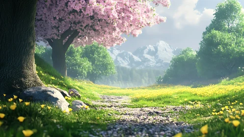 Spring meadow path under cherry blossoms and mountains.