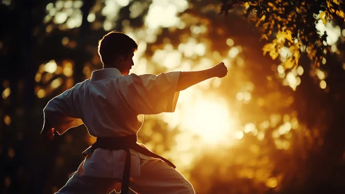 Golden hour karate practice in a peaceful forest glow.