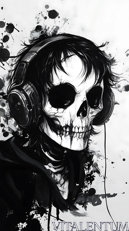 Skull headed figure in headphones with ink splatter background.