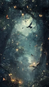 Dense forest gorge glows with fireflies, birds and butterflies