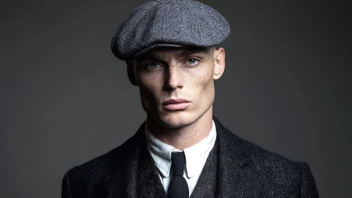 Steel-gazed flat cap dandy in shadowed studio poise.