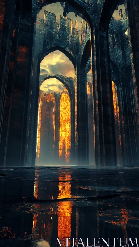 Ruined gothic arches glow with molten sunset reflections