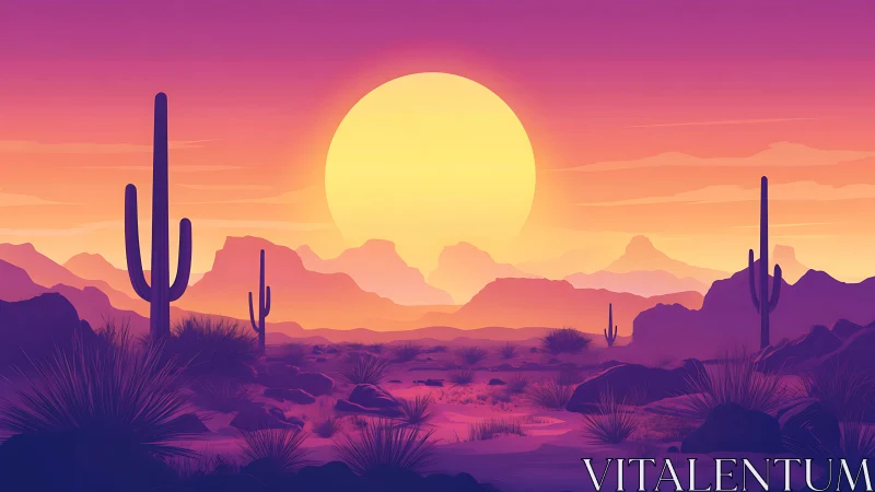 Chromatic desert sunset with layered silhouettes and cacti forms.