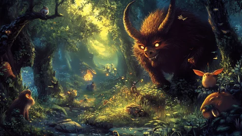 Luminescent forest beasts converge around glowing woodland clearing