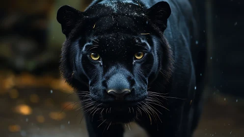 Black Panther's Piercing Golden Gaze in Rainfall.