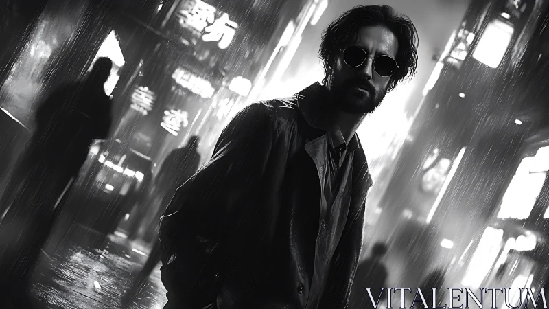 Brooding loner walks through neon city streets in rain-soaked noir