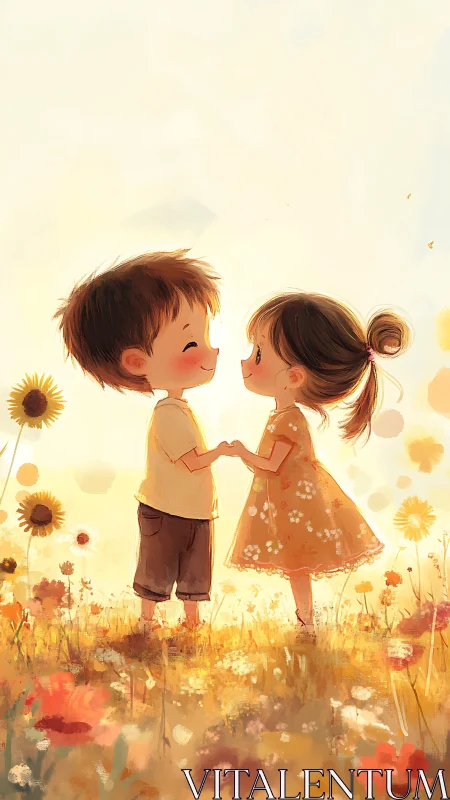 Two Children Holding Hands in a Golden Sunflower Field