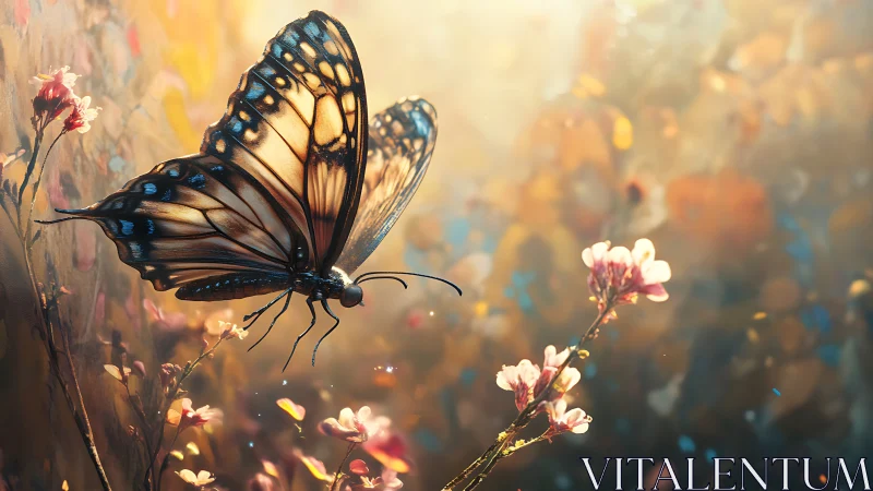 Sunlit monarch drifts through painted petals and golden haze.