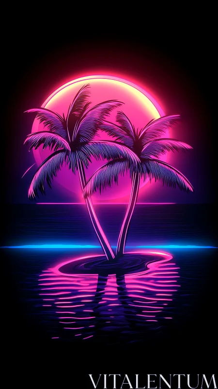 Neon palm trees stand before stylized sun over calm water