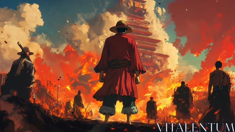 Anime warriors advance toward burning pagoda under flames
