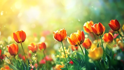 Sunlit tulip meadow glowing in dreamy spring radiance.