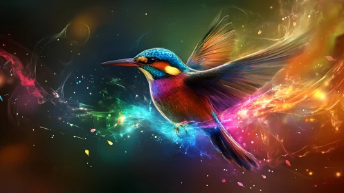 Prismatic kingfisher ignites a swirling nebula of color.