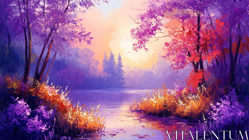 Vibrant purple lakeside forest at warm sunset light.