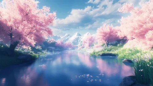 Soft spring river beneath snow-tipped mountains in bloom.