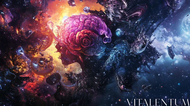 Neural cosmos silhouette merges human brain anatomy with nebular voids