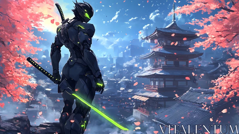 Neon ronin overlooks cyber temple city under drifting petals.