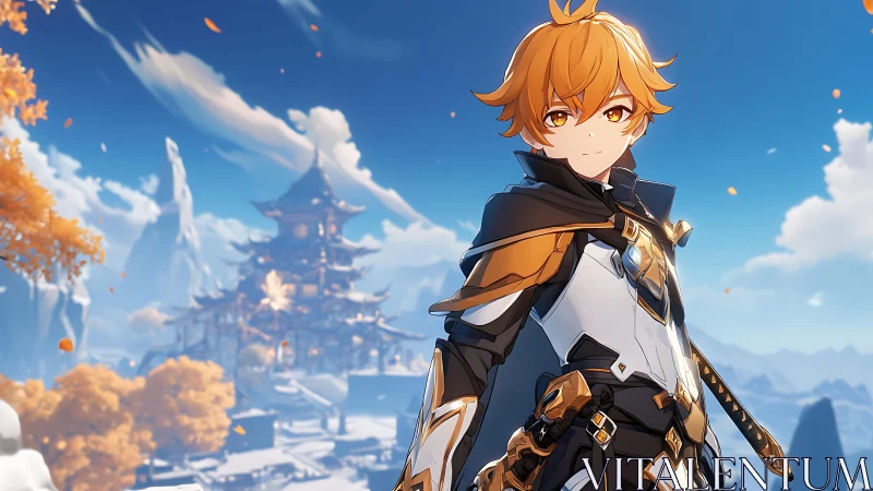 Orange haired anime warrior in bright mountain landscape.