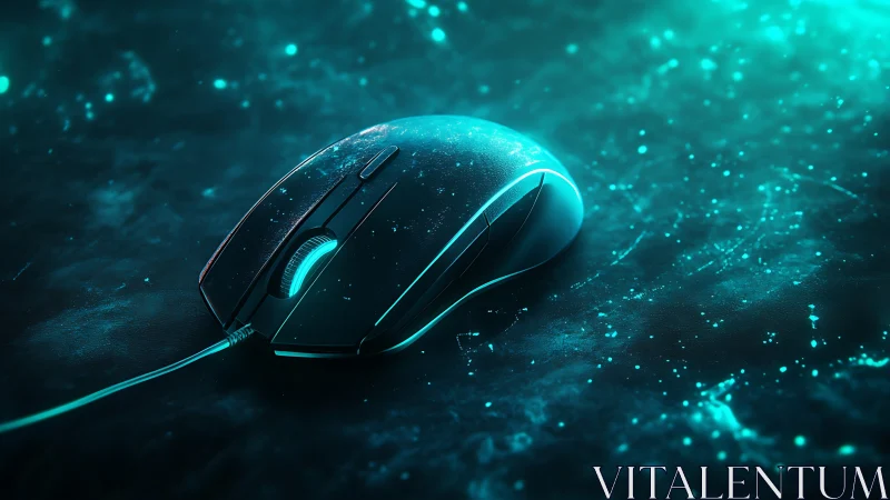 Wired optical mouse on illuminated abstract teal surface.