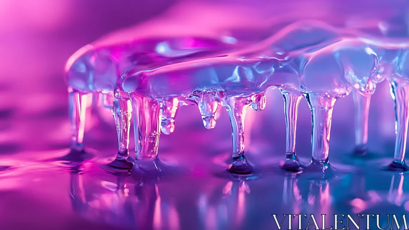 Close-up of melting translucent material in neon lighting.