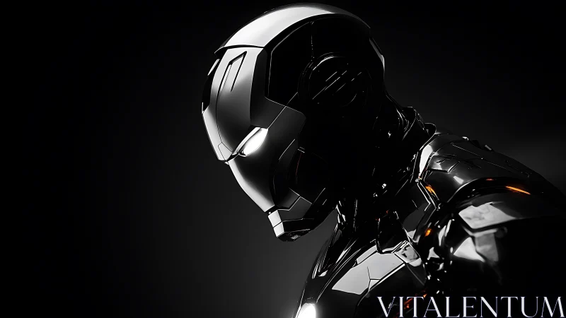 Midnight chrome sentinel bows in reflective cyber silence.