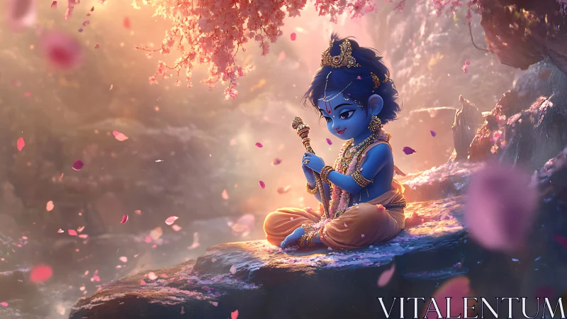 Gentle blue child beneath drifting blossoms at twilight.