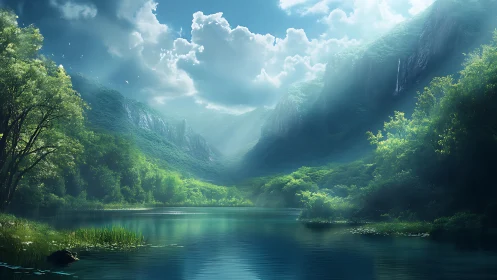 Gentle valley lake under soft sunlit mountain mist.